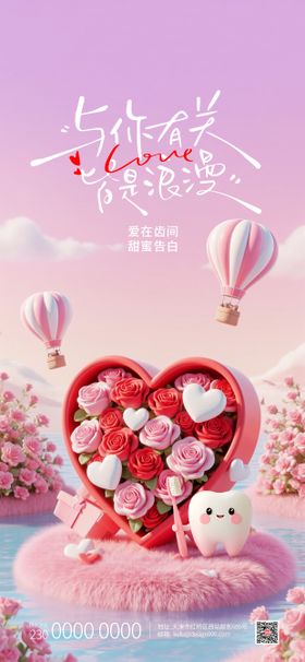粉色浪漫玫瑰爱心情人节口腔海报