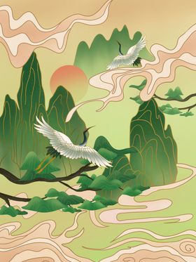 国潮山水元素风景中风