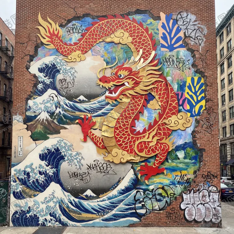 编号：17673604142215207366【酷图网】源文件下载-街头艺术墙面龙与海浪图案