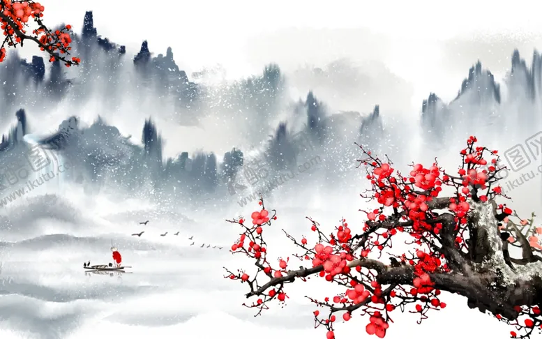 编号：48354604190518326586【酷图网】源文件下载-红梅山水复古插画背景海报素材