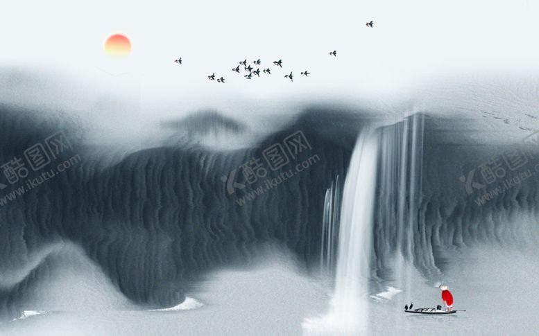 编号：70064710302143289220【酷图网】源文件下载-水墨山水瀑布背景墙