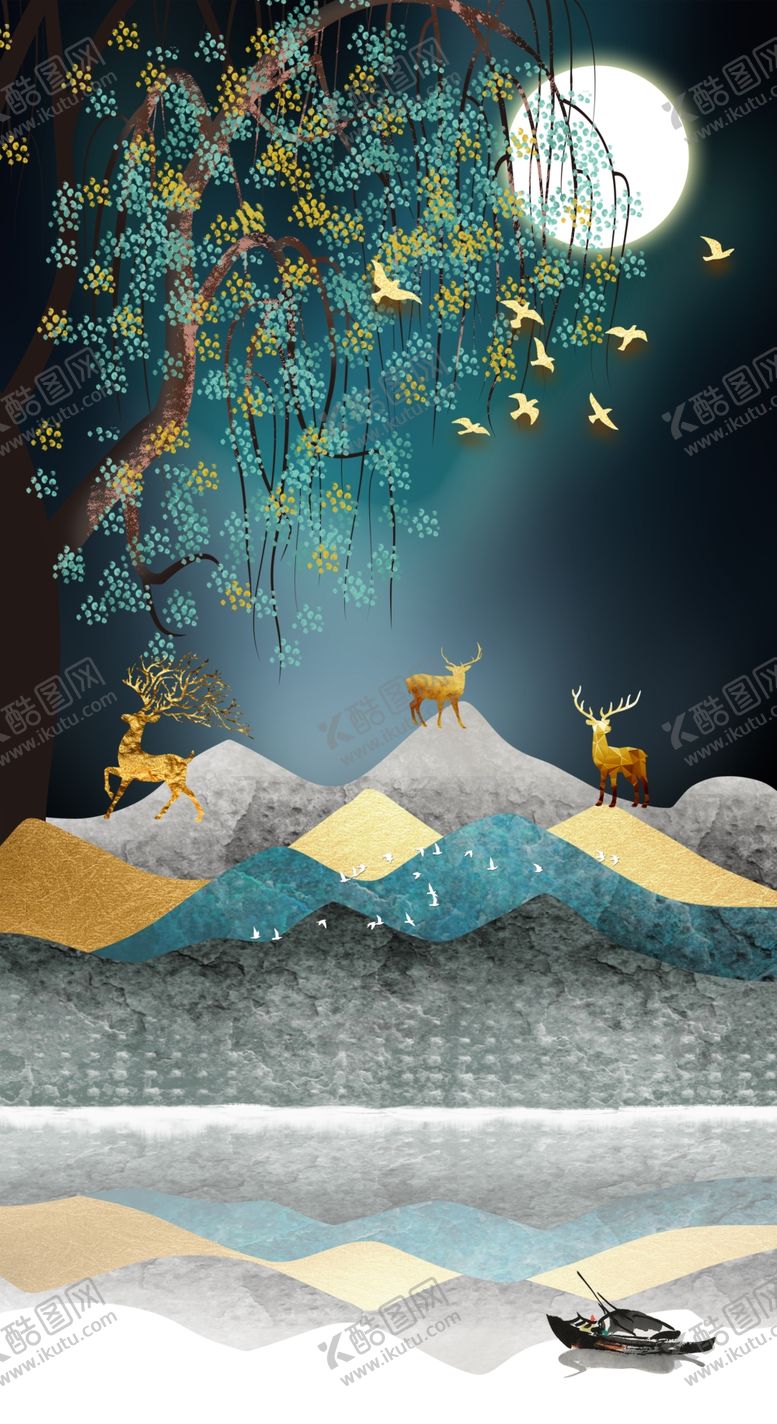 编号：66666609282311179288【酷图网】源文件下载-新中式麋鹿装饰画