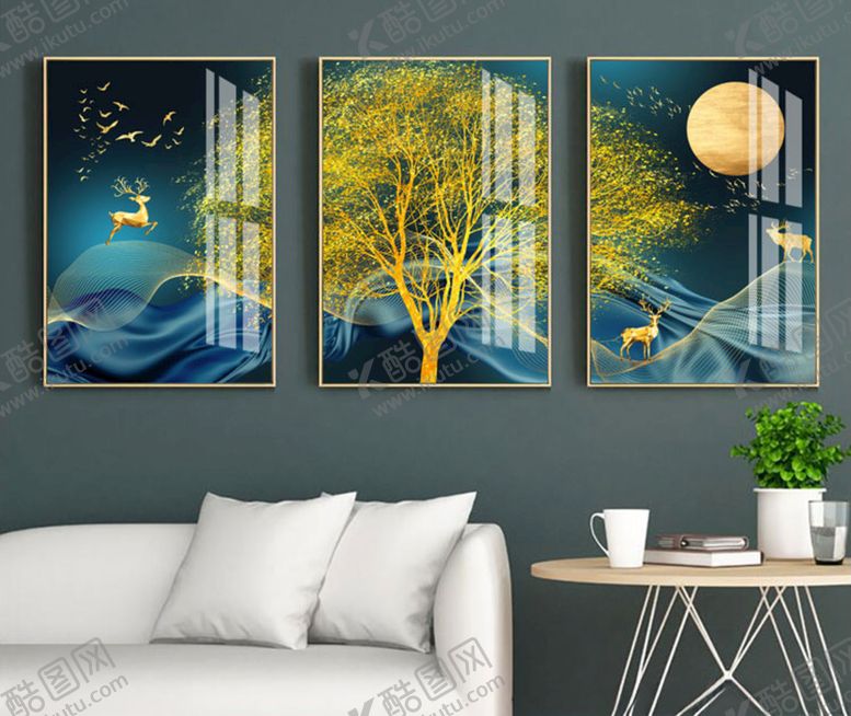 编号：86862210191925364903【酷图网】源文件下载-新中式现代风景金色麋鹿飞鸟客厅