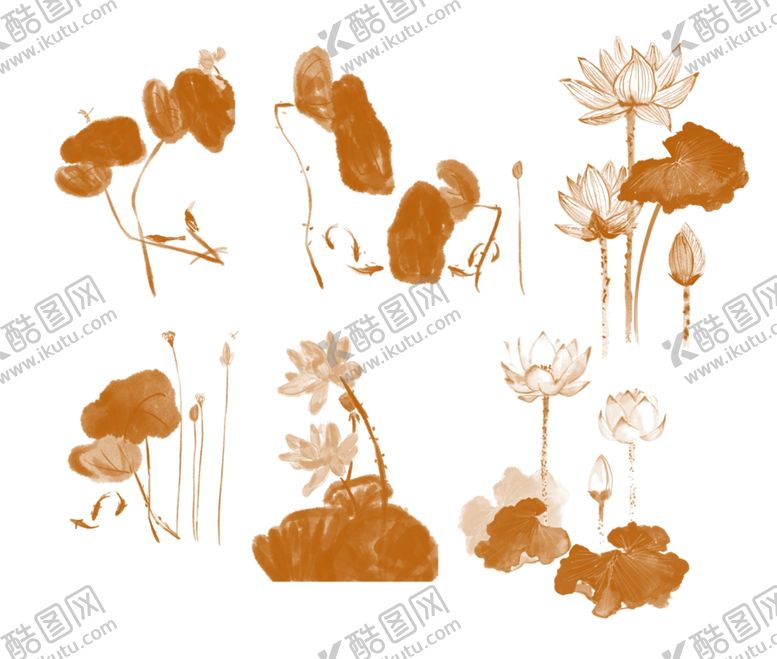 编号：98857804221600439489【酷图网】源文件下载-中式水墨风荷花元素集合