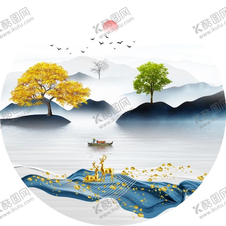 编号：46404510280300037199【酷图网】源文件下载-麋鹿意境山水装饰画