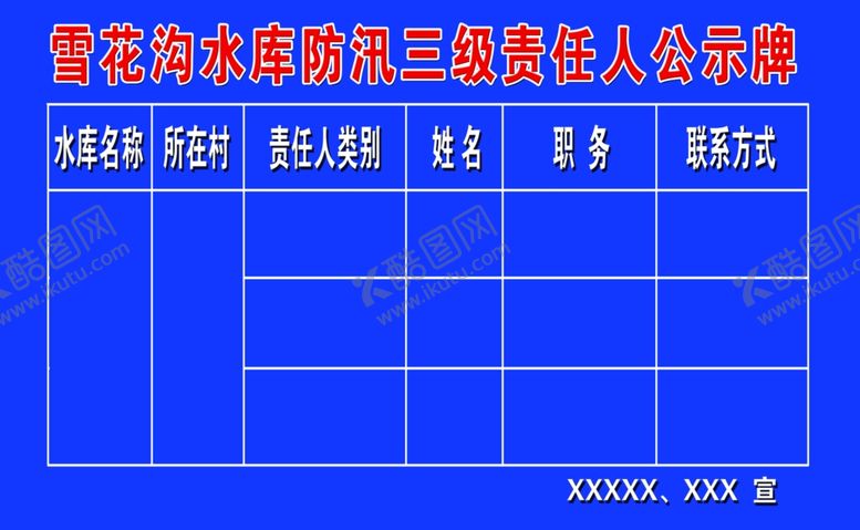 编号：81454110270559387126【酷图网】源文件下载-水库防汛三级责任人公示牌