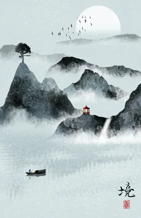 水墨山水画意境包装素材装饰