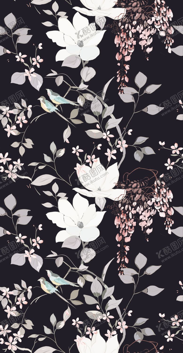 编号：91821709260731429146【酷图网】源文件下载-黑底传统花卉连衣裙印花