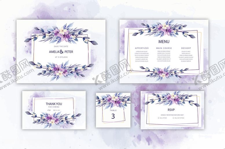 编号：81651304050102132943【酷图网】源文件下载-紫色花卉婚礼请柬设计