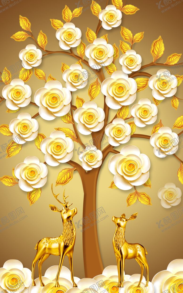 编号：85398510291714343022【酷图网】源文件下载-金色发财树麋鹿装饰画屏风背景墙