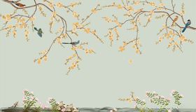 花鸟画手绘画鸟梅花背景墙