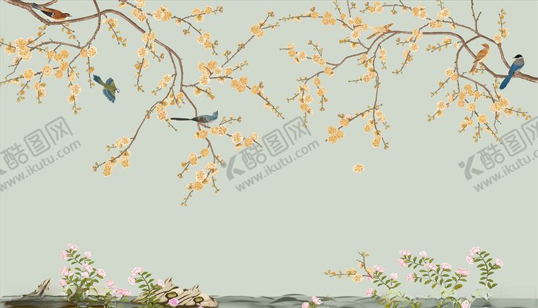 编号：25565505082329198478【酷图网】源文件下载-花鸟画手绘画鸟梅花背景墙