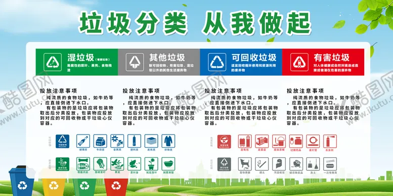 编号：10234609181026299165【酷图网】源文件下载-绿色简约插画垃圾分类环保展板