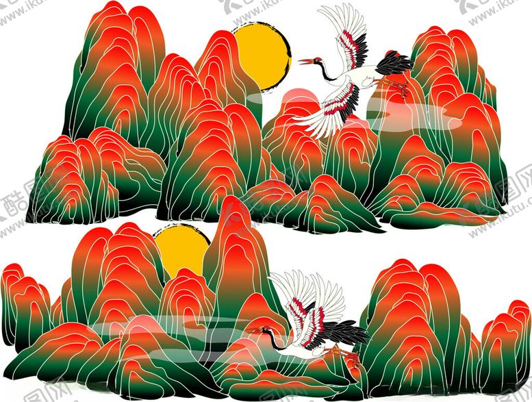 编号：12361512191658018477【酷图网】源文件下载-中式山水仙鹤插画意境美