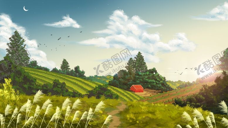 编号：16763909210555359457【酷图网】源文件下载-郊外清新风景国风插画背景