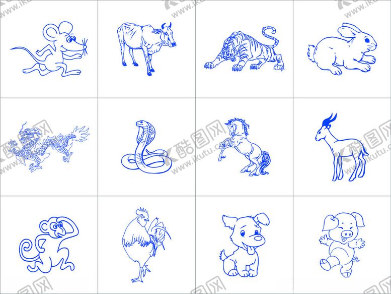 编号：52514901050156398245【酷图网】源文件下载-十二生肖简笔画图案展示