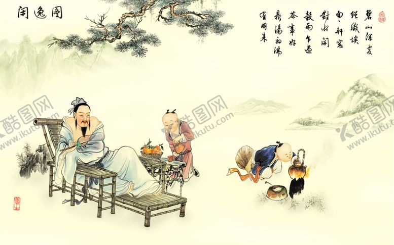 编号：38103106250625582453【酷图网】源文件下载-山水画煮茶闲逸图背景墙