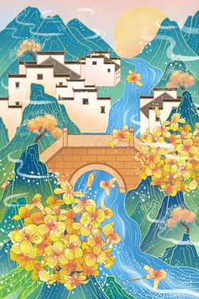 水墨风山水古村美景图