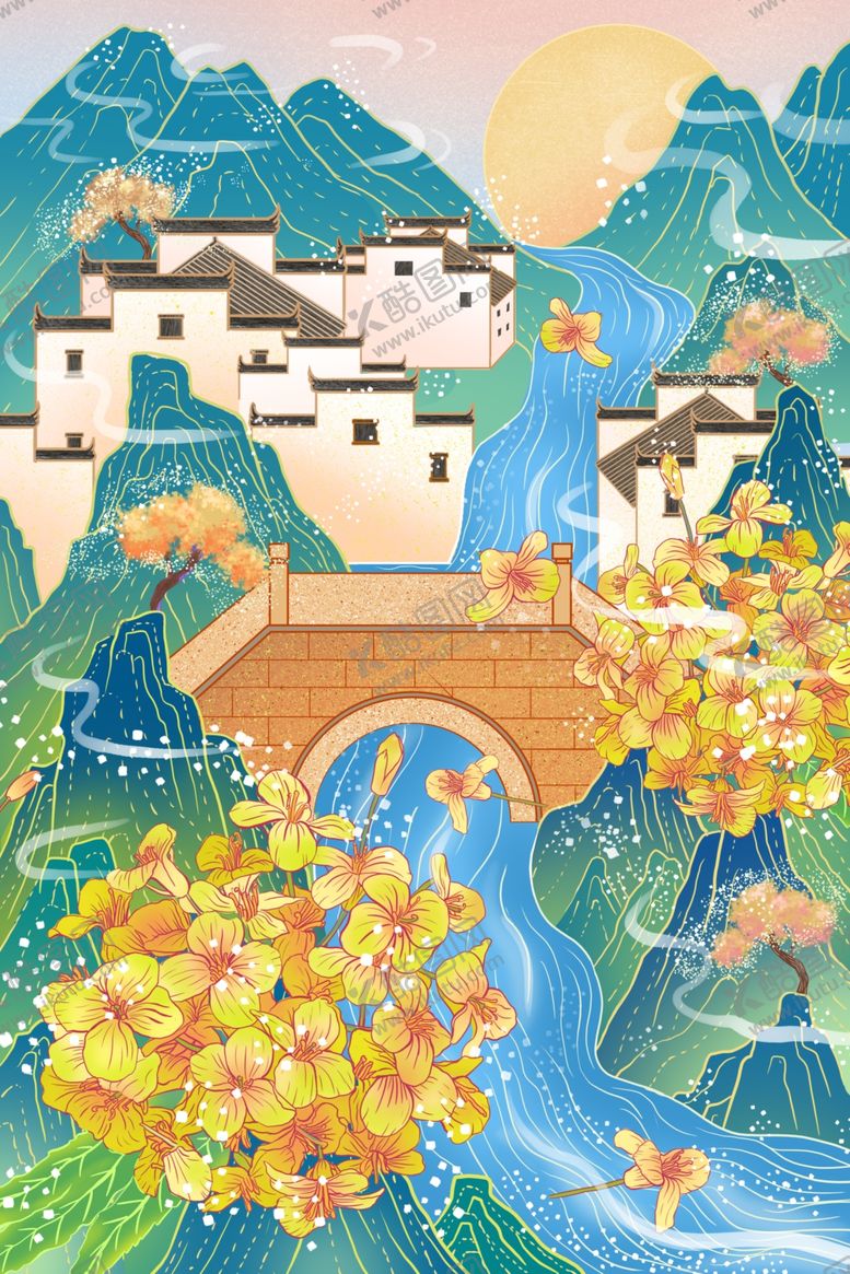 编号：94254104021120517890【酷图网】源文件下载-水墨风山水古村美景图