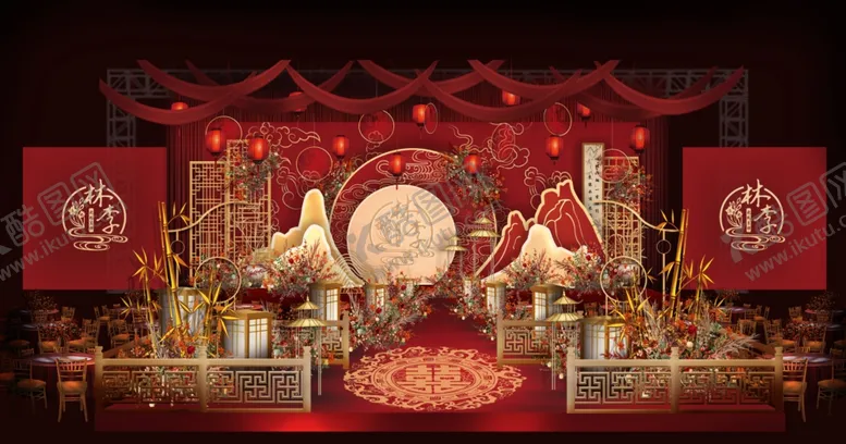编号：54253712180309177699【酷图网】源文件下载-红色中式婚礼仿古姓氏祥云素材舞
