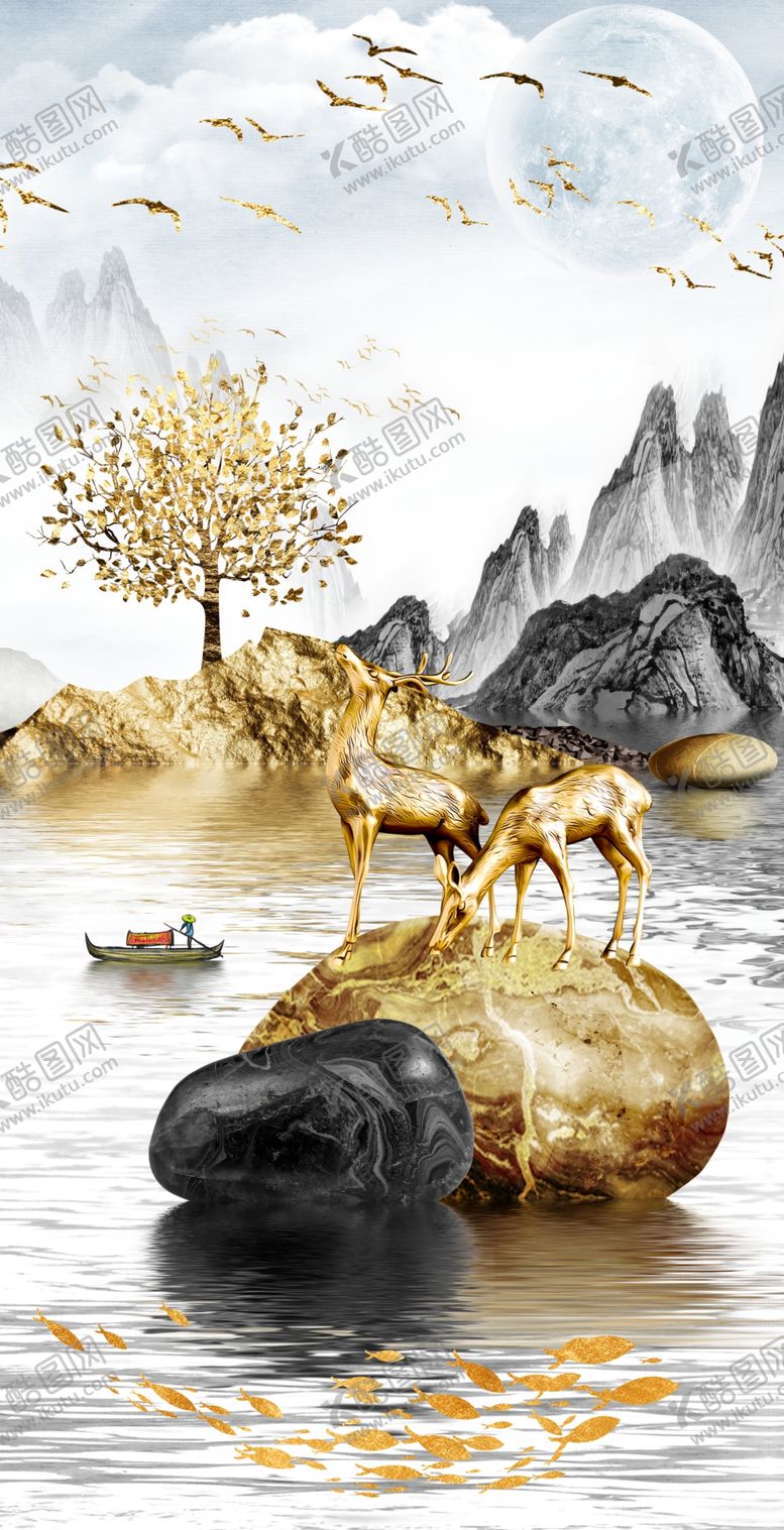编号：56404409261223307379【酷图网】源文件下载-麋鹿山水玄关画