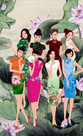 手绘矢量旗袍服饰美女图