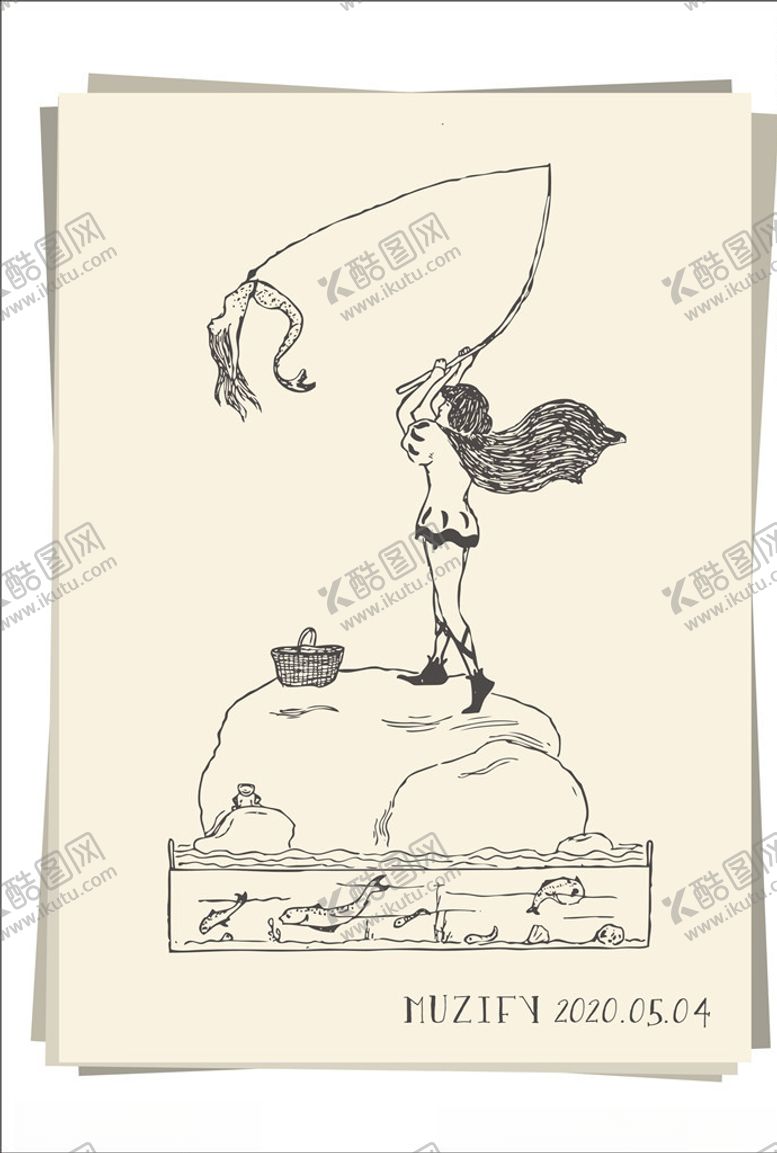编号：94139609291204312082【酷图网】源文件下载-钓美人鱼的女子素描画
