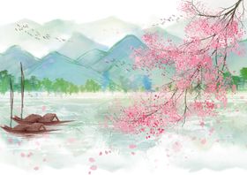 地产山水复古插画背景素材