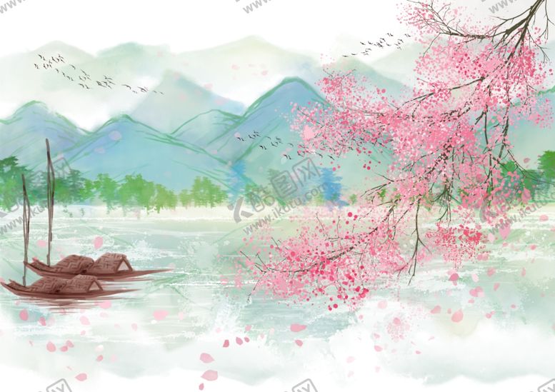 编号：73343505141754232201【酷图网】源文件下载-桃花山水清新复古插画背景素材