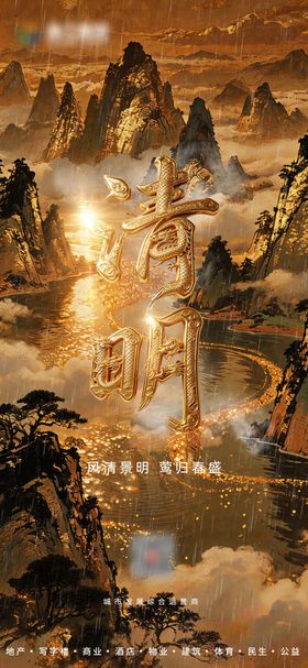 清明节气山水画金箔质感