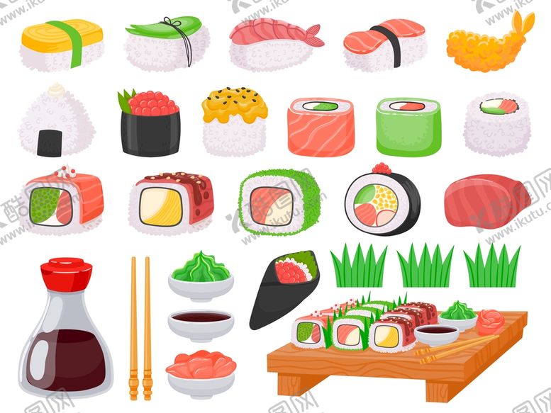 编号：83691111221252107705【酷图网】源文件下载-卡通手绘日本料理美食元素