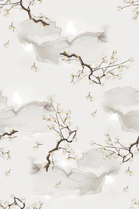 数码印花水墨树枝山水