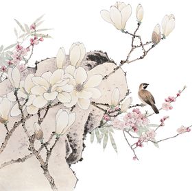 中国风水墨花卉PNG免扣彩屋顶红梅新春