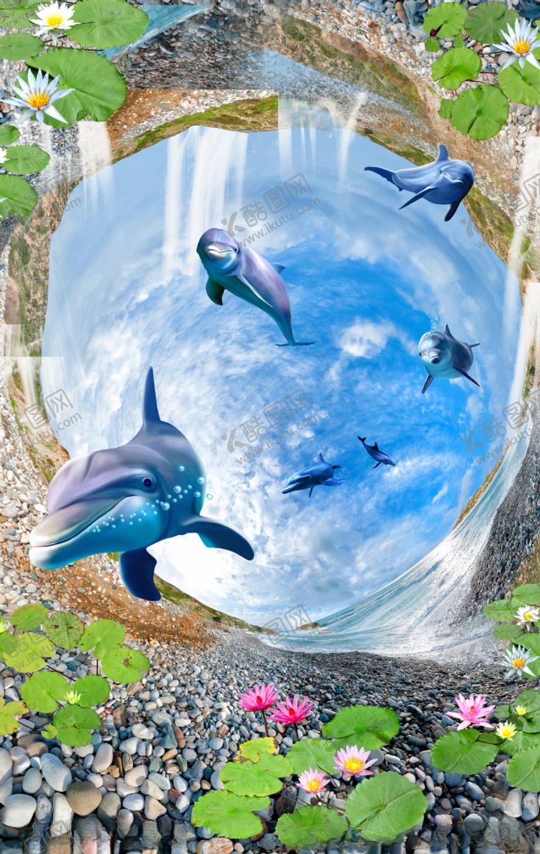 编号：33924410102122478591【酷图网】源文件下载-3D立体海豚海底世界