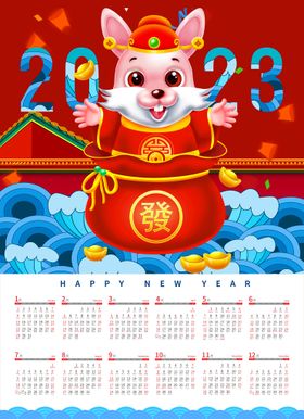 卡通插画2023日历兔年新年挂