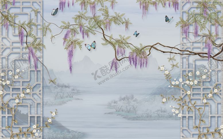 编号：98175009151554533081【酷图网】源文件下载-蝶恋花紫藤萝新中式背景墙