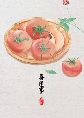 手绘水墨风蔬菜瓜果餐厅装饰画豆