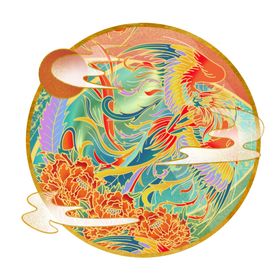 国潮风凤凰牡丹手绘插画