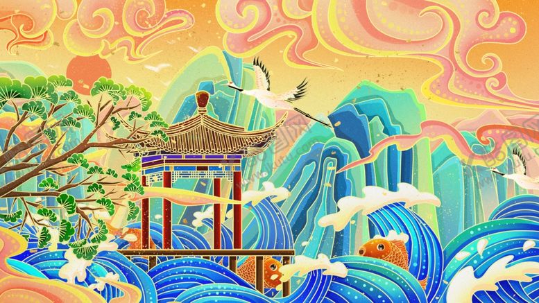 编号：12895104171536274867【酷图网】源文件下载-国潮风山水建筑插画