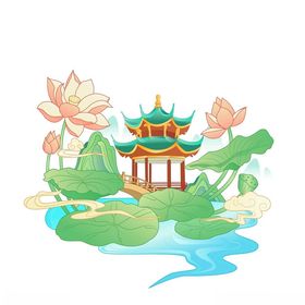 国潮中式荷塘凉亭风夏季荷花景观