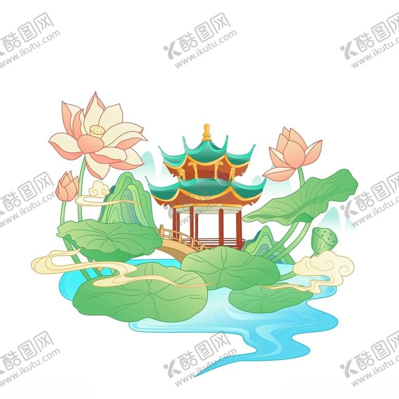 编号：69382504271956359291【酷图网】源文件下载-国潮中式荷塘凉亭风夏季荷花景观