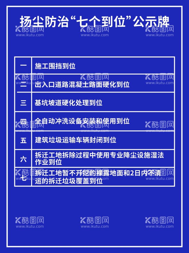 编号：12551312151346191683【酷图网】源文件下载-扬尘防治七个到位公示牌