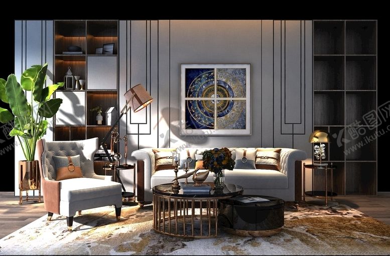 编号：38655609190337028422【酷图网】源文件下载-美式轻奢沙发茶几3d模型