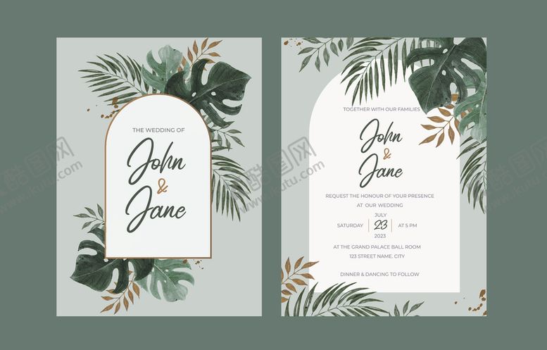 编号：22126611021658498980【酷图网】源文件下载-清新绿植婚礼邀请函