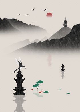 现代简约装饰年轮画鎏金几何画山水