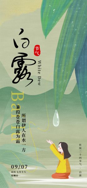 白露24节气复古女孩露珠叶子海报