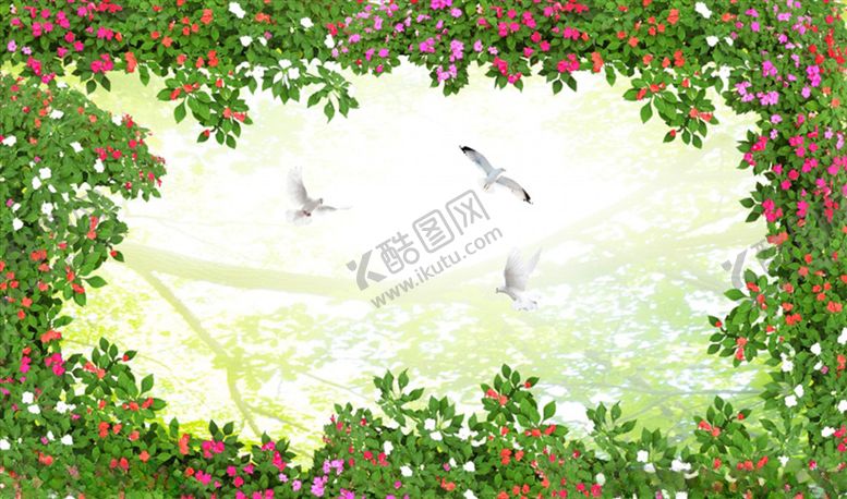 编号：64169804290601069151【酷图网】源文件下载-花鸟画鹤花藤背景墙