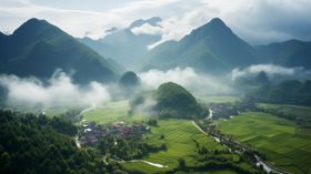 云雾缭绕的山村全景