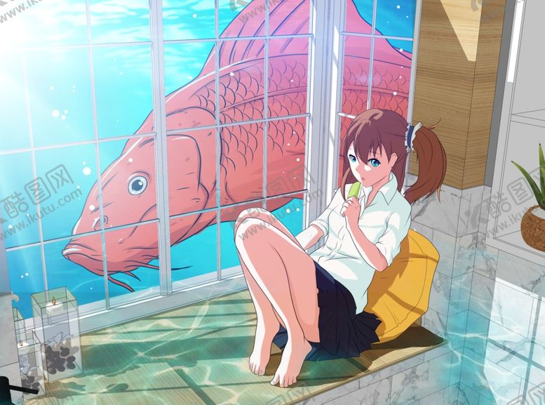 编号：87769310060706522329【酷图网】源文件下载-少女锦鲤传统插画卡通背景素材