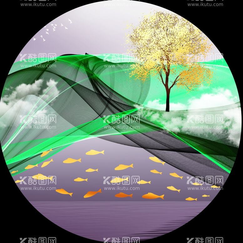 编号：79802211280339391091【酷图网】源文件下载-游鱼湖畔风景画圆形挂画